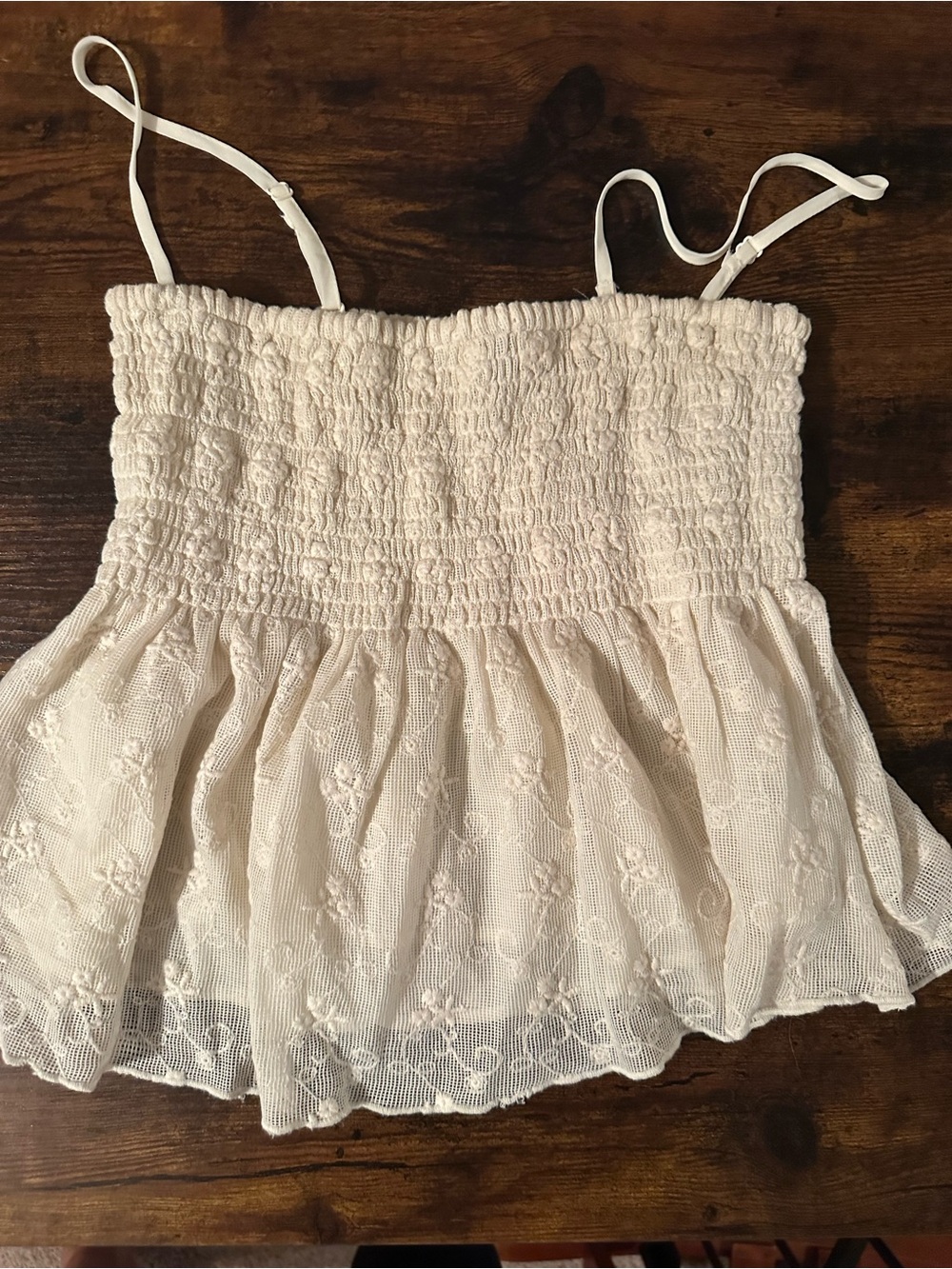 American Eagle Smocked Lace Peplum Cami Top - Cream